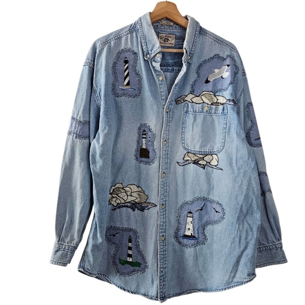 Eagle Dry Goods Co Vintage Nautical Coastal Button Down Denim Shirt Jackey Sz XL